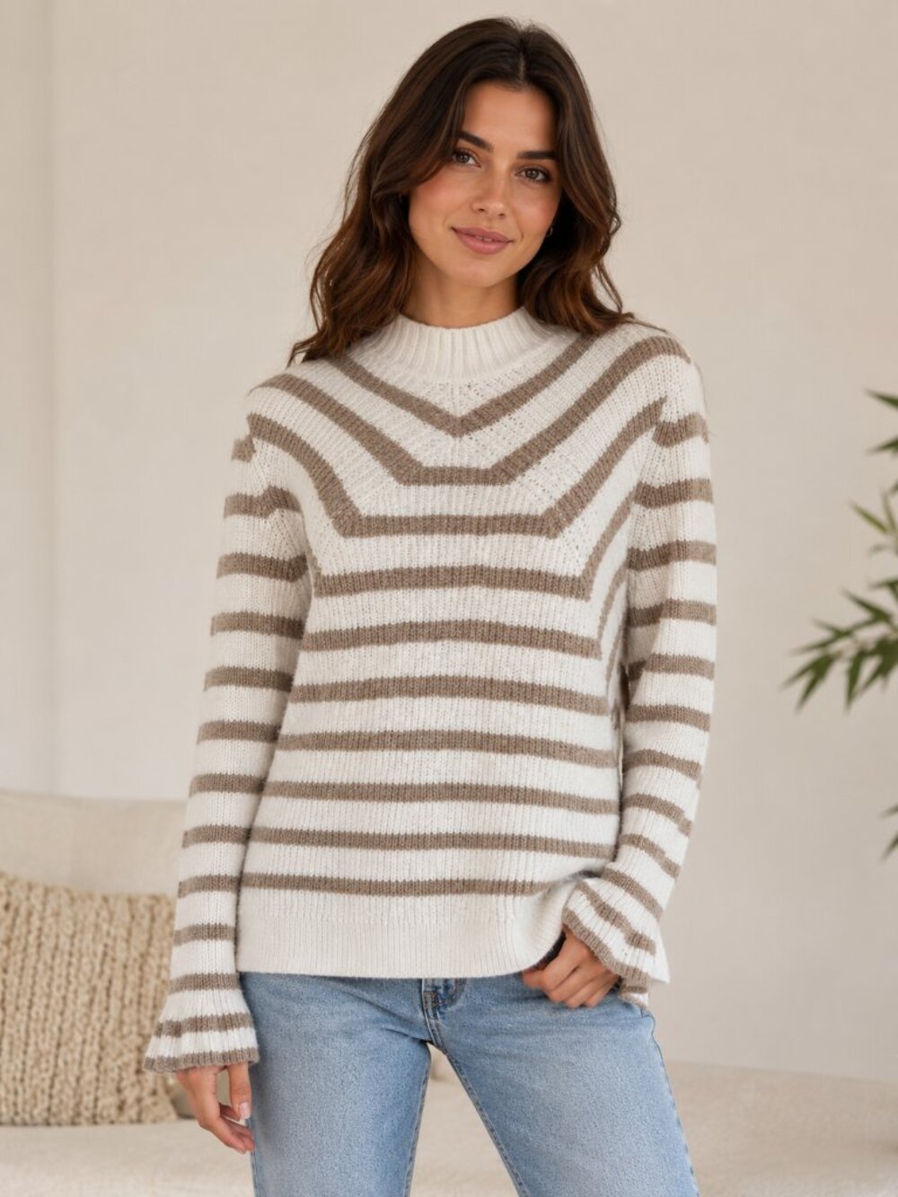 LOFT Large Cream Tan Striped Mock Neck Sweater Wool Blend Bell Sleeve